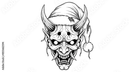 Demonic Oni Mask with Santa Hat - Spooky Festive Illustration for Halloween and Christmas