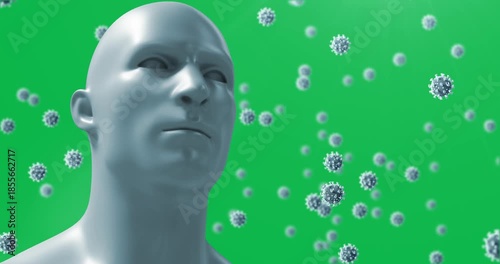 Animation of macro Covid-19 cells floating around a 3D human head