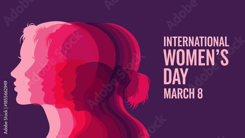 Vibrant International Women's Day poster with layered pink silhouettes of a woman's head on a purple background and March 8 celebration text.