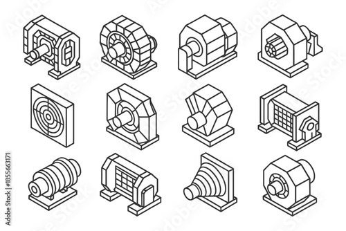 Isometric line art of various industrial motor designs.