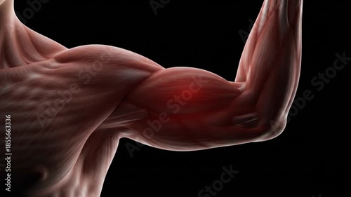 Detailed 3D rendering of a human arm showing muscle pain or injury in the biceps area.
