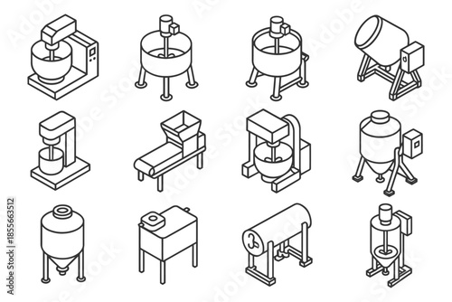 Collection of industrial mixing and processing equipment line art.