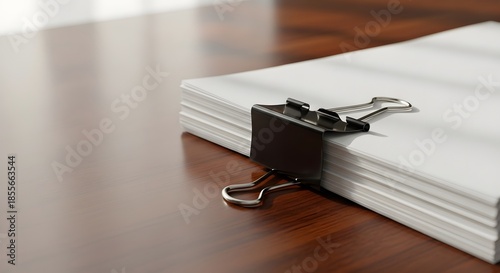 A tidy stack of important legal documents secured with a black clip, symbolizing an organized bureaucracy concept.