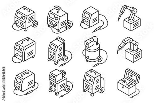 Isometric icons of welding machines and robotic arms in vector line art style.