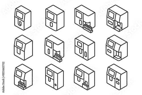 Set of isometric vending machines icons in black and white line art.