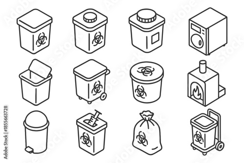Isometric biomedical waste containers and incinerator icons.