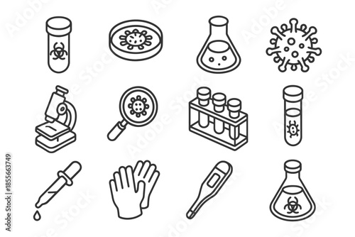 Virus research icons: laboratory equipment and safety symbols.