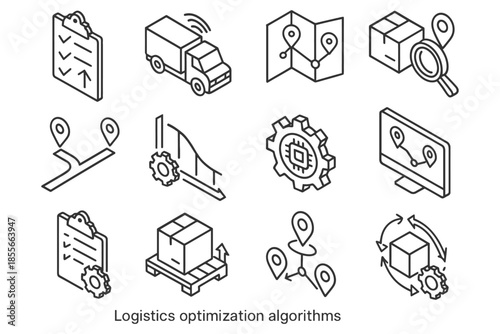 Logistics optimization algorithms and tracking systems icons.