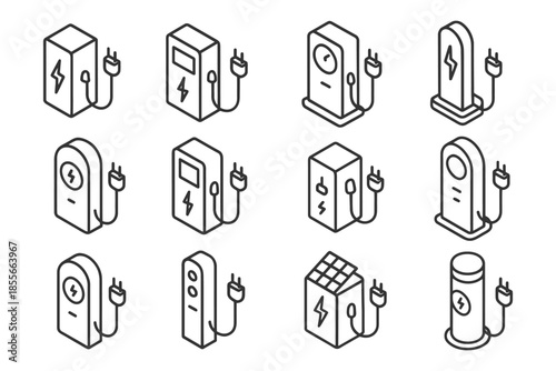 Set of isometric electric vehicle charging stations with plugs.