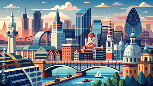 Very beautiful timeless view of the London skyline along the River Thames, showcasing bridges, historic landmarks, and modern buildings shaping England’s iconic capital.