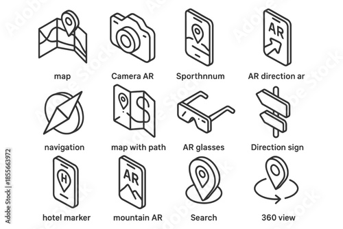 Interactive augmented reality icons for navigation and mapping technology.