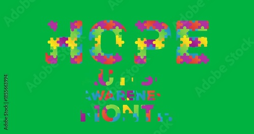 Animation of multi coloured puzzle elements forming words Hope and Autism Awareness Month