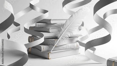 A quill pen and books on a white background.