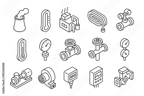 Industrial equipment icon set - factory, thermometer, pipe, valve, gauge, sensor, isometric.