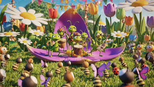 A lively band of cartoon insects performs music in a vibrant flower garden, surrounded by an enthusiastic audience of various bugs.