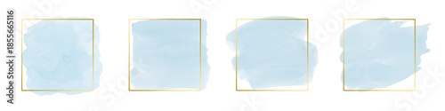 ベクターの青い水彩風にじみとゴールドフレームのセット