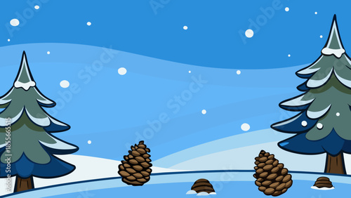 A minimalist winter landscape features two snow-capped pine trees framing a tranquil scene with large pinecones resting on pristine snow under a clear blue sky.