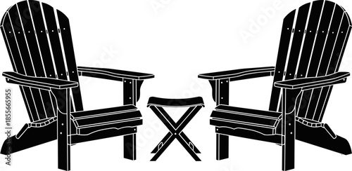 Adirondack chairs with small table vector set, outdoor patio furniture silhouettes, flat black illustration for garden, terrace, relaxation, summer design
