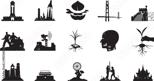 Black silhouettes of various landmarks and monuments isolated on transparent background