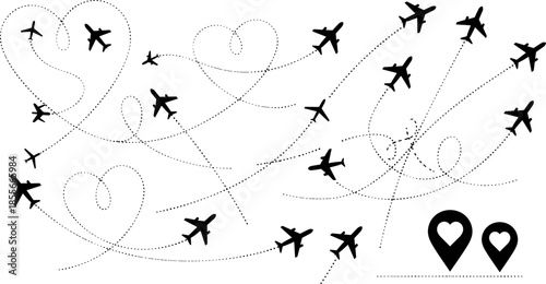 Airplane route doodles with heart paths, travel flight silhouettes showing love journeys, aviation romance icons, dotted line paths, black vector illustration