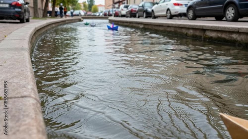 Origami Paper Boat Floating in Urban Street Canal