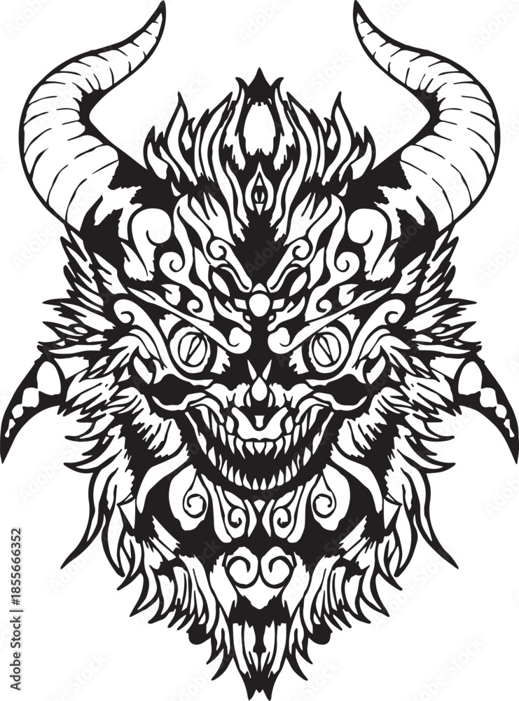 Fototapeta premium Demonic Head Illustration with Intricate Details and Horns, a Fearsome Fantasy Creature Design