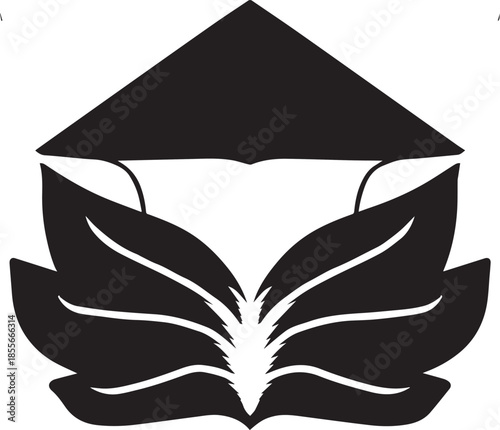 Black and white illustration of a lotus flower with a conical hat, symbolizing tranquility and tradition