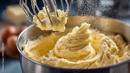 Creamy butter creaming with sugar dusting from mixer whisk for perfect baking dough preparation in a modern kitchen