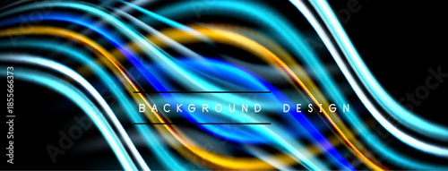 Abstract neon lines create dynamic flow. Blue, white, yellow hues blend, forming modern background design. Smooth curves suggest movement.