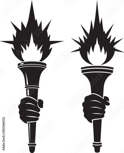 Two black silhouettes of hands holding burning torches