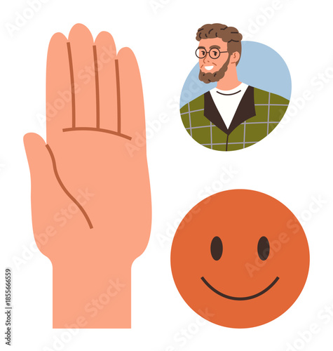 Raised hand gesture, smiling face, and modern portrait evoke greetings, approval, friendliness, and communication. Ideal for relationships, inclusivity, engagement teamwork support community