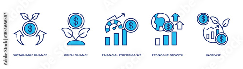 sustainable finance and circular green economy concepts web banner icon vector illustration with sustainable finance, green finance, financial performance, economic growth, increase