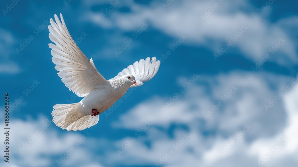 Obraz premium Peaceful white dove gliding beneath a bright azure sky and fluffy clouds