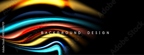 Abstract colorful waves flow across black space. Dynamic lines create modern design element. Bright hues contrast dark backdrop.