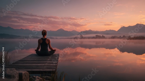 Peaceful outdoor meditation by a calm lake at dawn