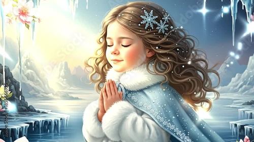 Girl with curly hair wearing a blue coat in a snowy landscape, eyes closed and hands in a praying position. Concept of winter wonderland and childhood innocence,