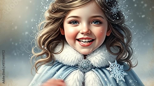 Girl smiling joyfully while brushing snowflakes from her face, concept of winter playfulness and childhood joy. Useful for advertisements or articles focused on winter activities and family fun video.