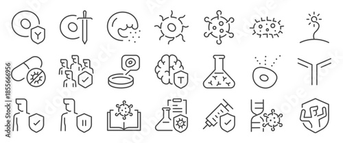 Immunology and virology icon set. It includes medical, lab, research, cell, immunity, disease, and more icons. Editable Vector Stroke.
