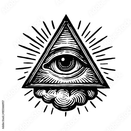 Intricate eye of providence in triangle design with radiant lines.