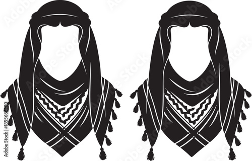 Two black keffiyeh headdress silhouettes isolated on white background