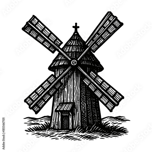 Vintage windmill illustration with rotating blades on grass.