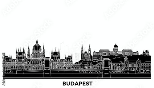 A detailed black and white illustration of the Budapest skyline, showcasing iconic landmarks and architectural styles.