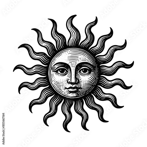 Vintage sun illustration with human face and rays.