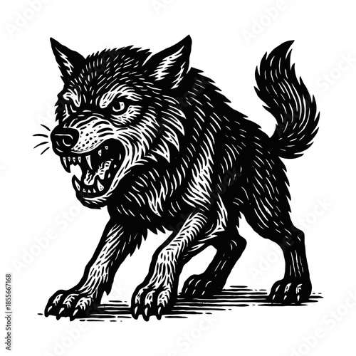 Fierce black and white wolf illustration with sharp teeth and intense stare.