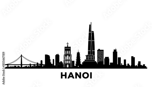 A black and white silhouette of the Hanoi skyline, featuring iconic landmarks and modern skyscrapers.