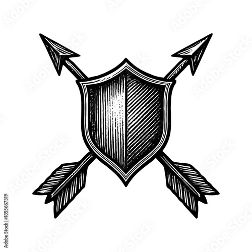 Vintage heraldic emblem with shield and crossed arrows in black and white.