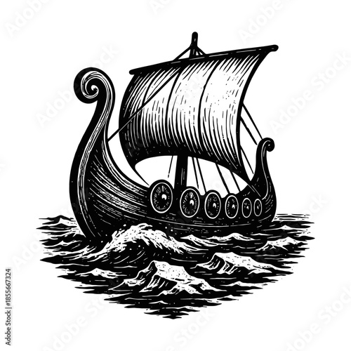 Woodcut viking ship sailing in rough seas with emblematic dragon prow design.