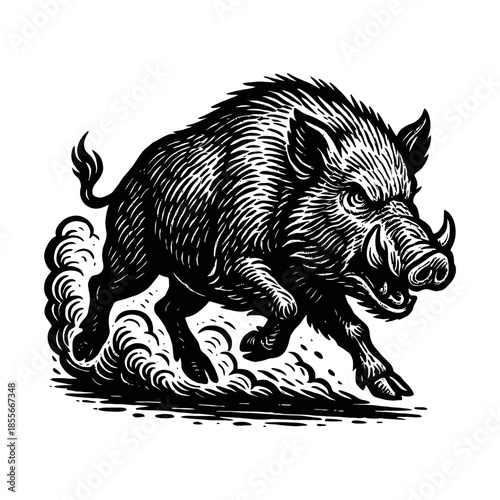 Dynamic wild boar illustration charging forward with intensity.