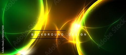 Abstract design features vibrant curves, glowing lines. Green, yellow, orange hues dominate dark background. Text reads background design.