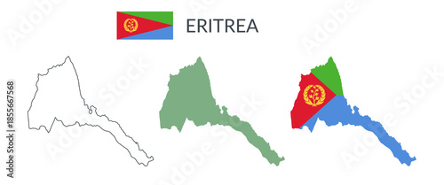 Eritrea geographical borders isolated on white background. Flag of Eritrea. Vector flat cliparts.
